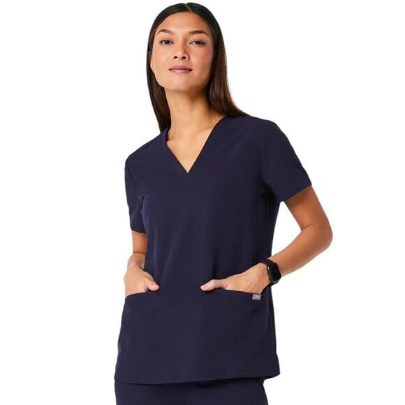 Figs Casma Scrub Top Women L Navy Blue Three Pocket Short Sleeve Nurse Medical - Picture 2 of 14